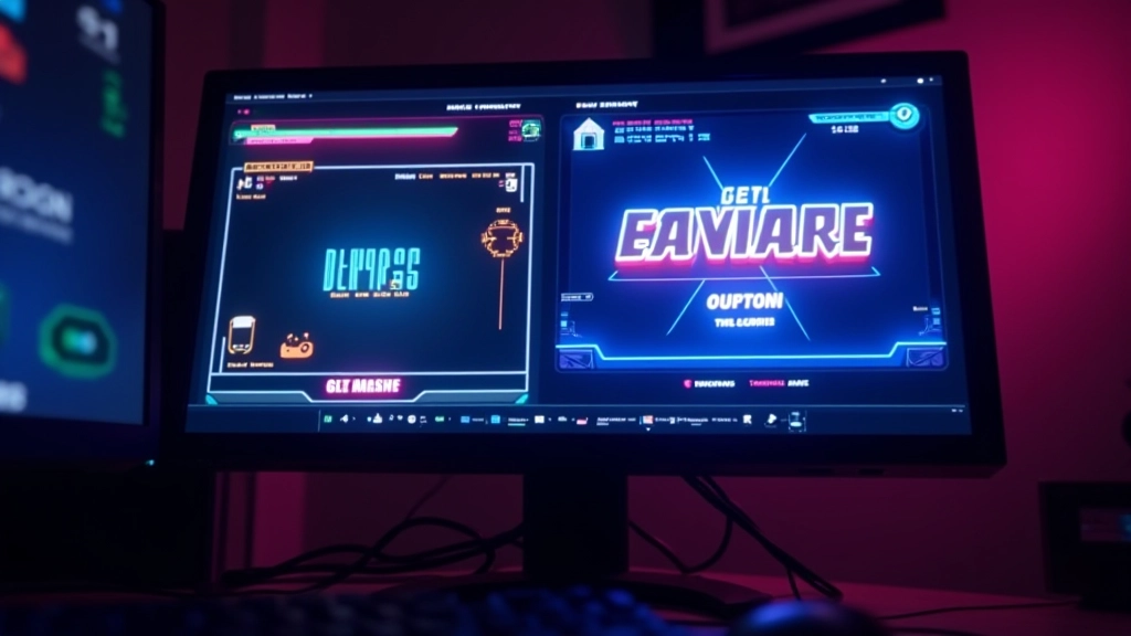 Computer monitor displaying different game interfaces side by side, retro-style graphics, bright neon colors on dark background