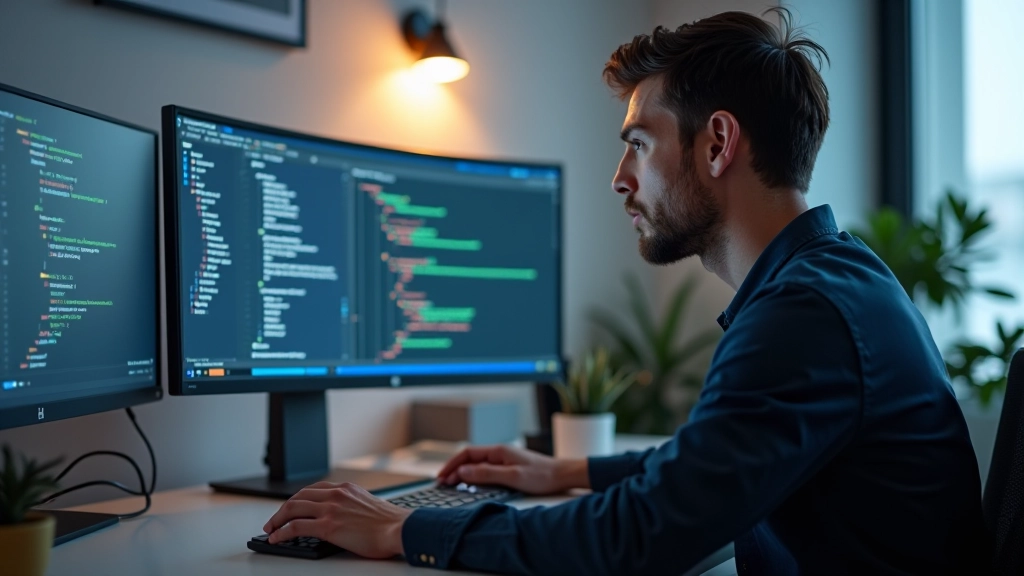 Developer at desk with code editor open showing JavaScript game loop implementation with requestAnimationFrame function