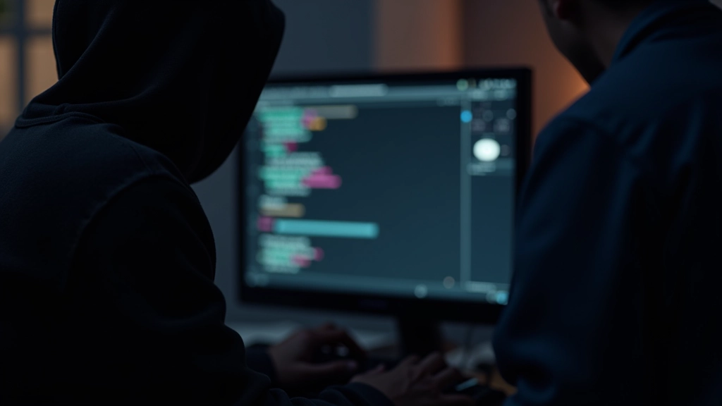 Developer laptop showing canvas drawing code with colored rectangles and circles rendered on screen, modern desk setup with dark theme
