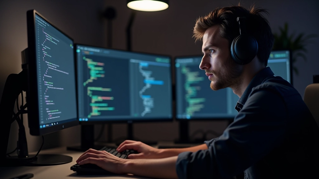 Developer working at desk with code editor open, multiple monitors showing game development environment, keyboard and mouse visible, focused expression