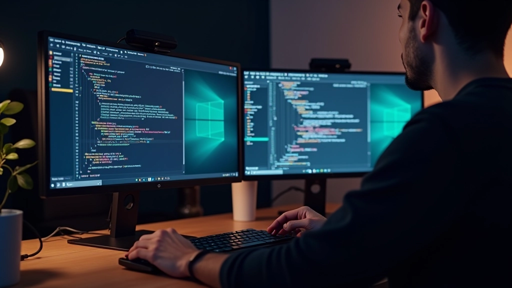 Modern development workspace with multiple monitors displaying game code and visual assets