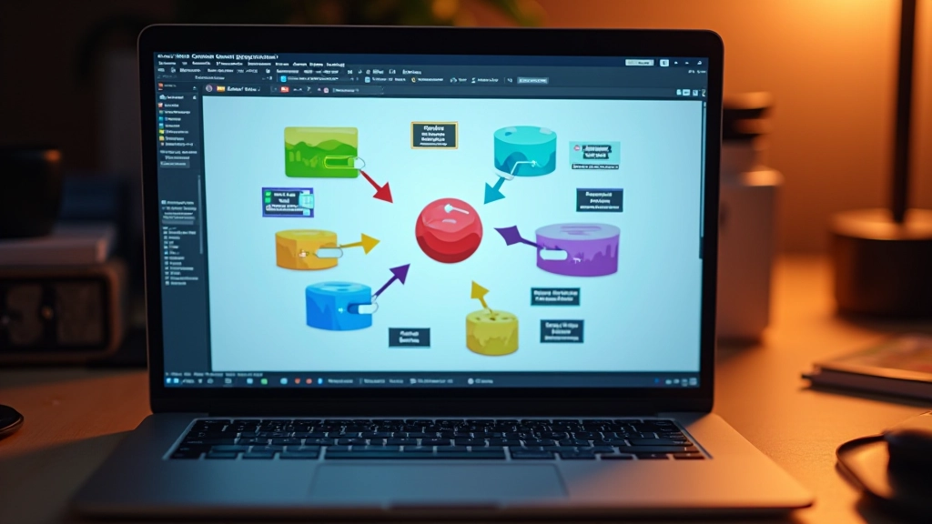 Close-up of laptop keyboard with colorful game mechanics diagram displayed on screen beside it