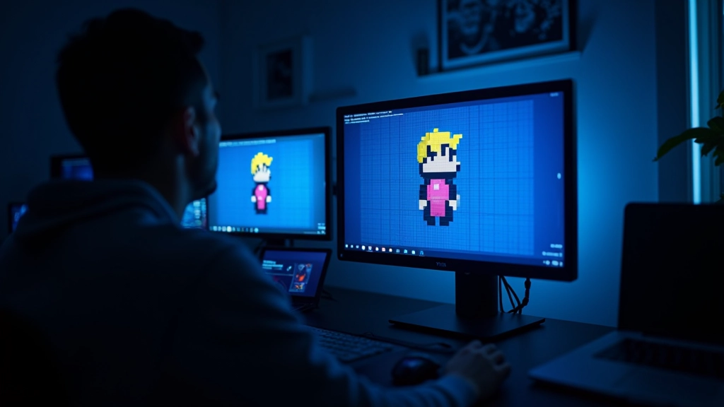 Colorful canvas element visualization showing pixel art sprite character with grid overlay on dark monitor
