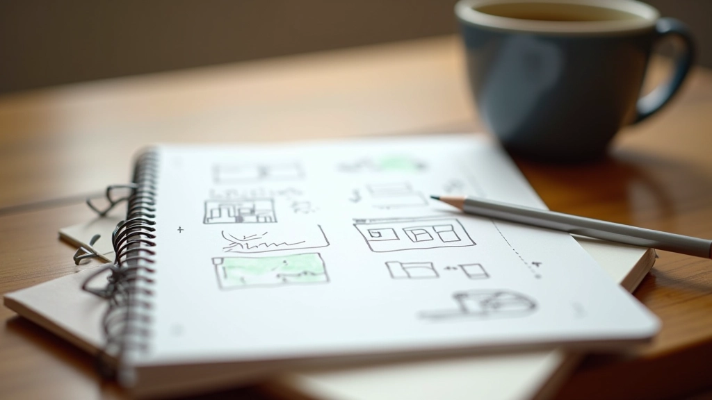 Notebook with project planning sketches and checklist items, pencil and coffee cup on wooden desk, natural morning light, organized notes
