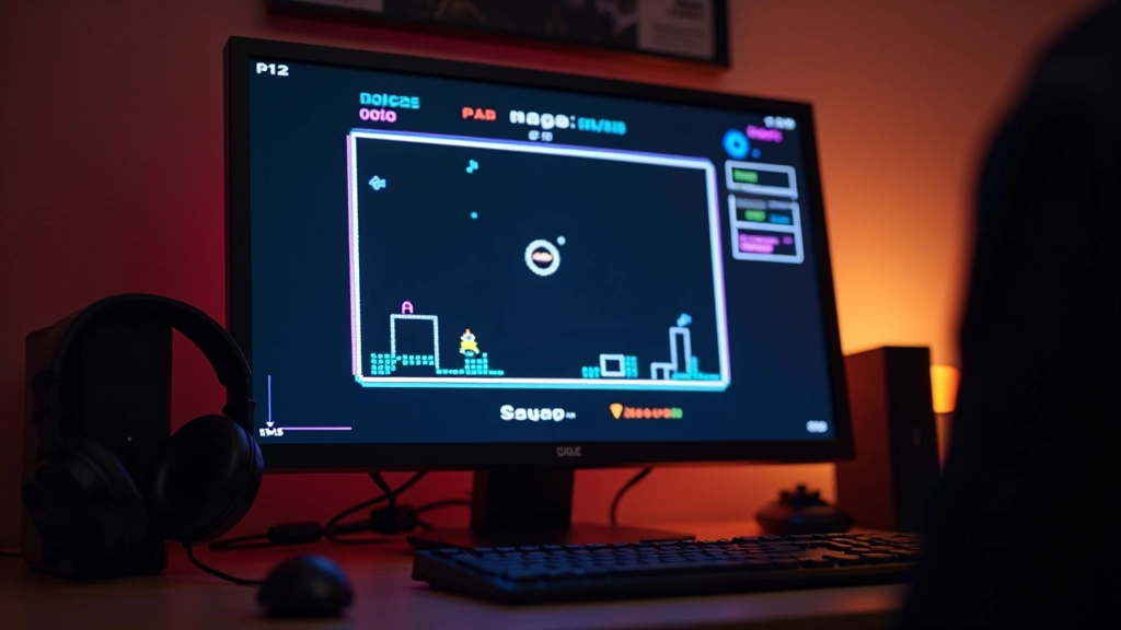 Developer headphones on desk beside a small retro-style game window showing simple game interface with score and controls